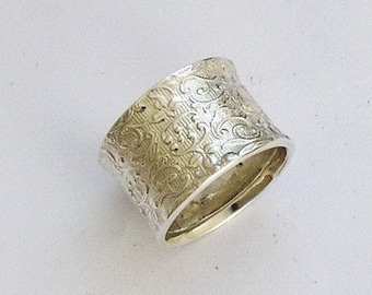 Silver wedding band, filigree band, UNoxidized band, botanical band, wide band, unisex band, wedding band - Our life together R1209S
