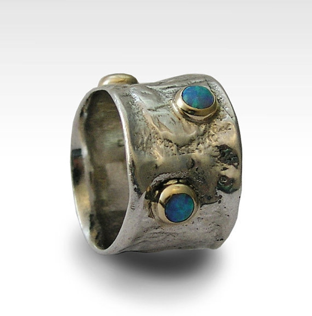 Silver Yellow Gold Ring Mixed Metal Ring Blue Opal Ring - Etsy