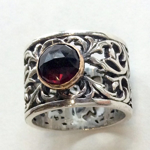 Edelsteinring, Granatring, breites Band, Silberband, Silbergoldring, Verlobungsring,Steinring, Boho Schmuck - Let it go R2057