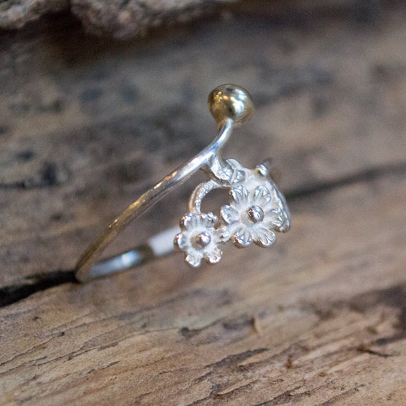floral ring, two toned ring, delicate ring, simple ring, Sterling silver ring, silver band, silver gold band, thin silver band - Two R2109