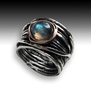 Silver band, Sterling silver ring,  Labradorite ring, wide band, twotone ring, unisex ring, nest ring, wire wrap band - Visions of you R2119