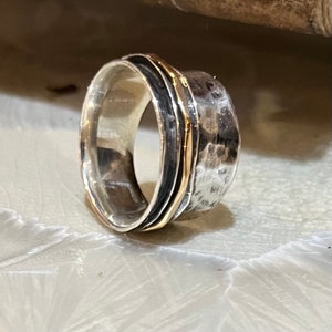 Ring Spinner Silver gold ring wedding band unisex band meditation ring hammered band Stay on your mind R1026GB image 5