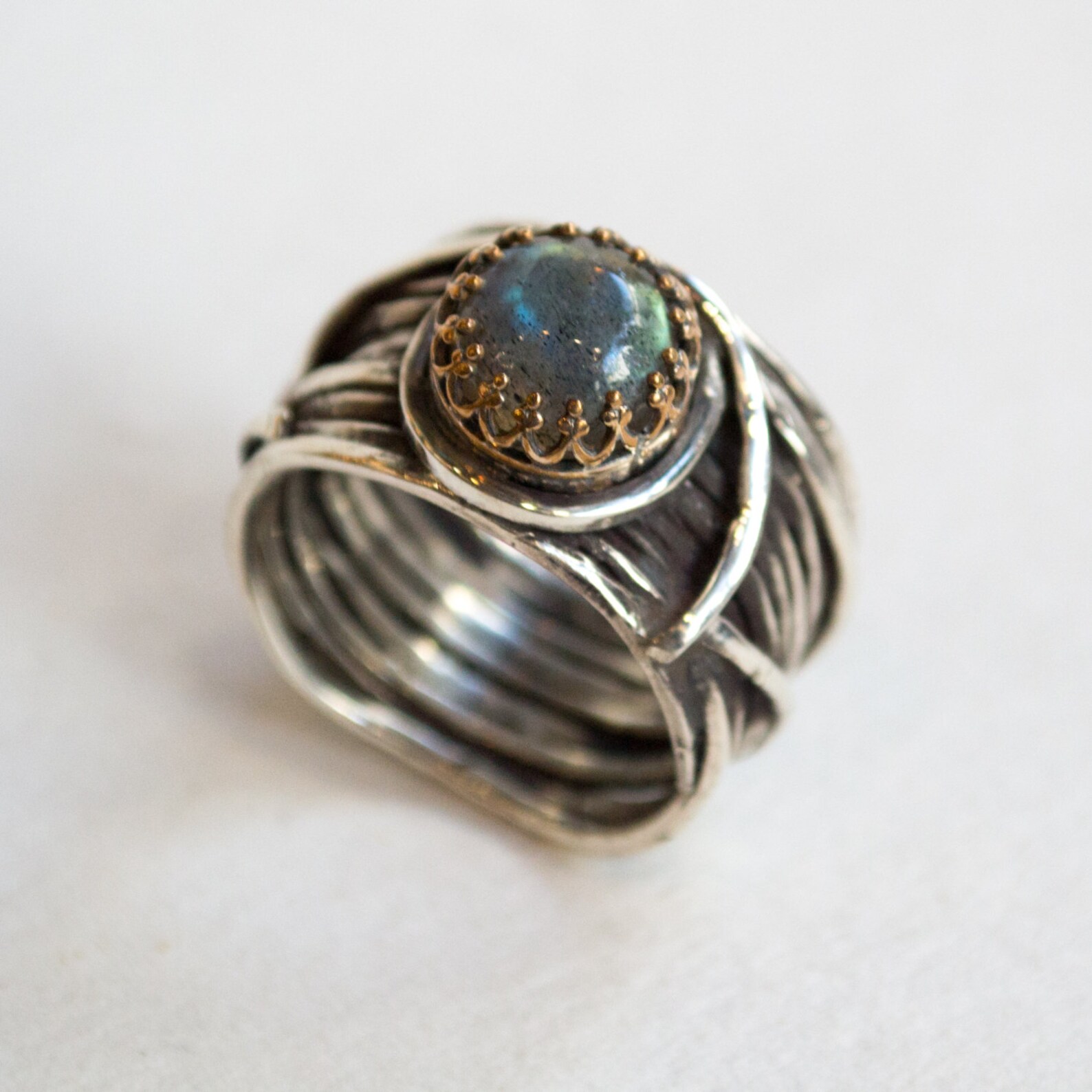Labradorite ring Silver ring wide band two tones ring | Etsy