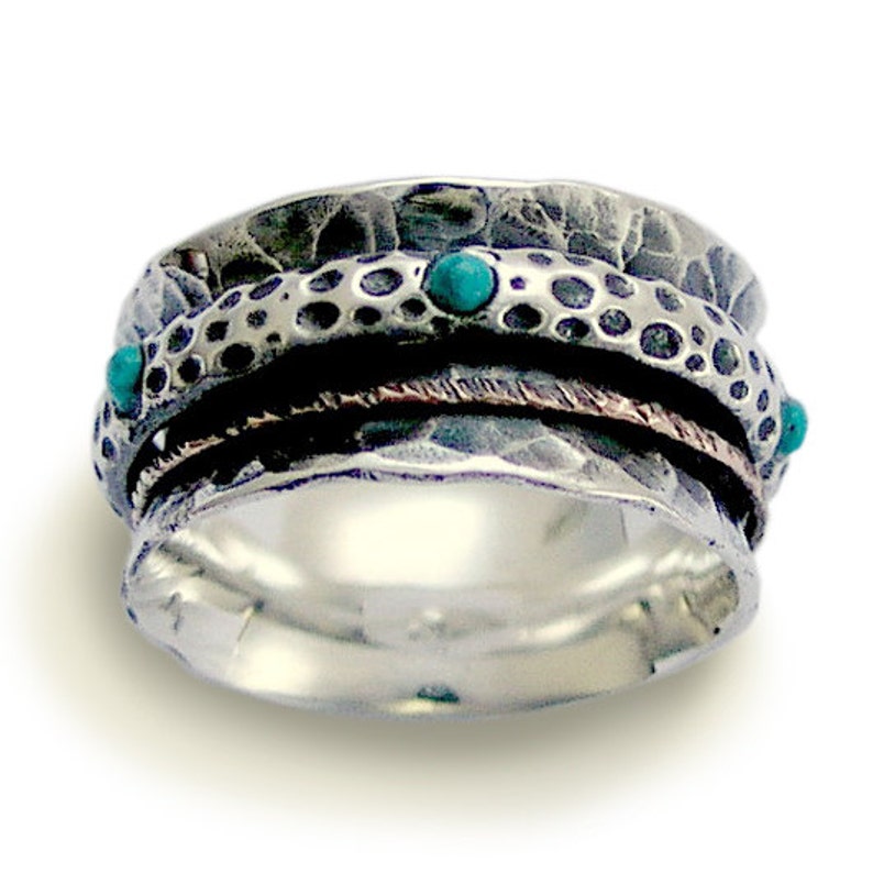silver gold band Spinner ring turquoise ring yellow gold band Stacking rings two tones ring On the edge R1355 Sterling silver ring