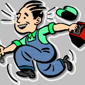 May include: A cartoon illustration of a man running with a wrench and a toolbox. He is wearing a green shirt, blue overalls, and a green cap. The man is smiling and appears to be in a hurry.