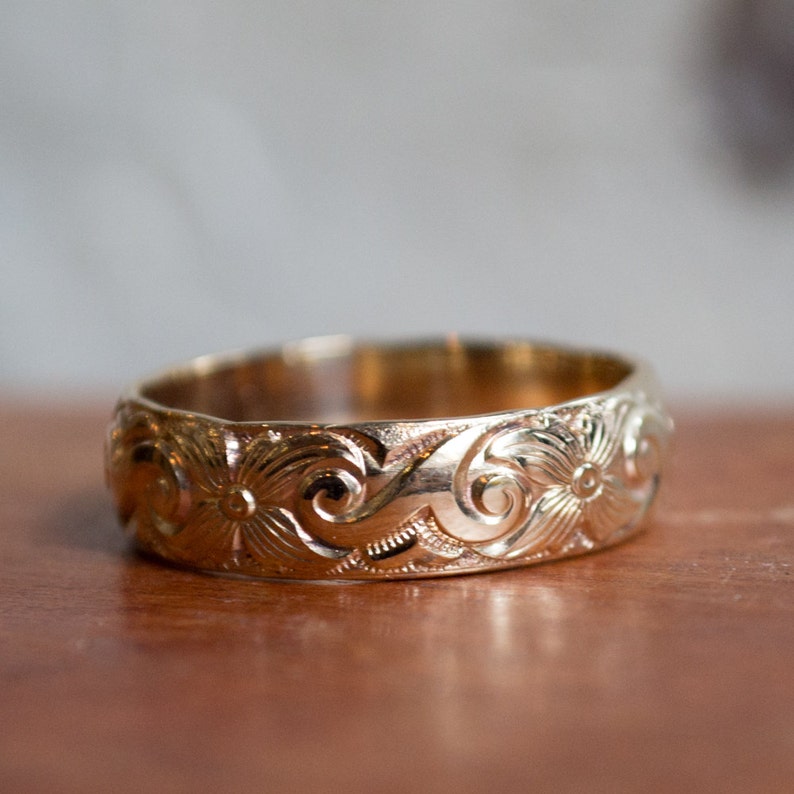 Gold Wedding band, unisex wedding band, hippie ring, boho chic ring, bohemian ring, matching bands set, flower ring - With this ring R2276