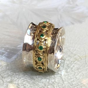 Emeralds spinner ring, Sterling Silver band, Meditation ring, golden brass ring, birthstone ring, two tone band - New beginnings 2. R1149XZB