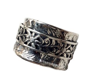 Sterling silver band, stacking band, silver spinners ring, floral ring, meditation ring, wide silver ring, flowers band - Back to life R2073