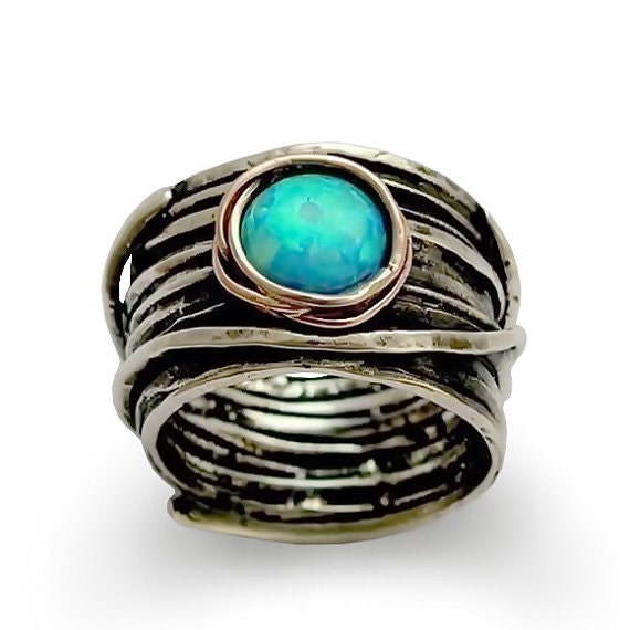 Opal Ring Wide Band Wire Wrap Ring Sterling Silver Ring Gold Nest Blue Opal Ring R1505G Etsy Canada