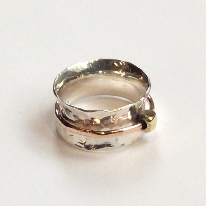 Gold silver band Spinner band meditation ring engagement unisex ring Wedding band hammered ring simple ring Waiting for him R2341