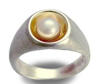 Fresh water pearl ring, Sterling silver ring, silver gold ring, mixed metals ring, engagement ring, yellow gold ring - True love R1499G
