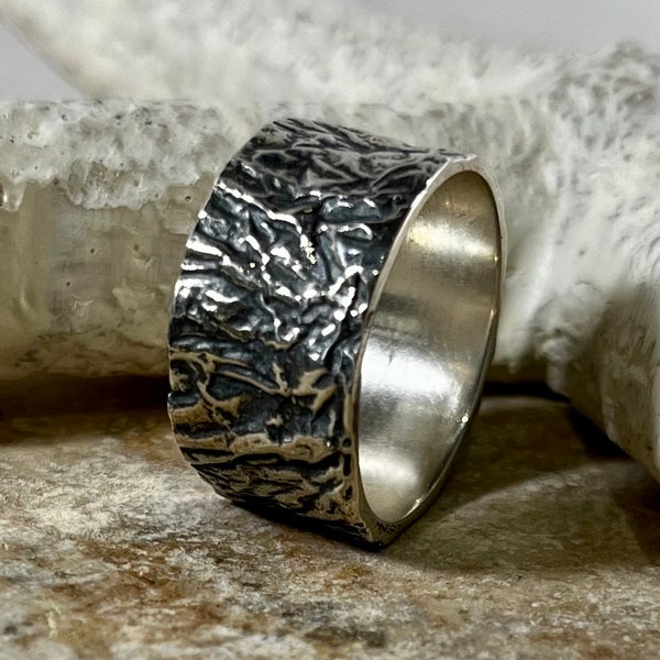 Tree bark ring • Wood bark band • Wedding ring • Men's rustic band • Sterling silver ring • Boho thumb ring • Wide ring  - It's True R2703