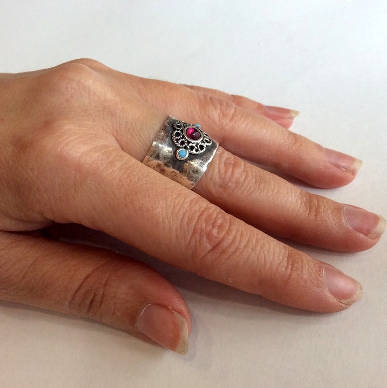 Sterling silver ring Just the two of us R2050 unique silver ring for her Gypsy ring garnet ring Boho ring turquoise ring flower ring