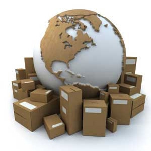 May include: A globe surrounded by a variety of cardboard boxes of different sizes. The boxes are brown and have a plain design.