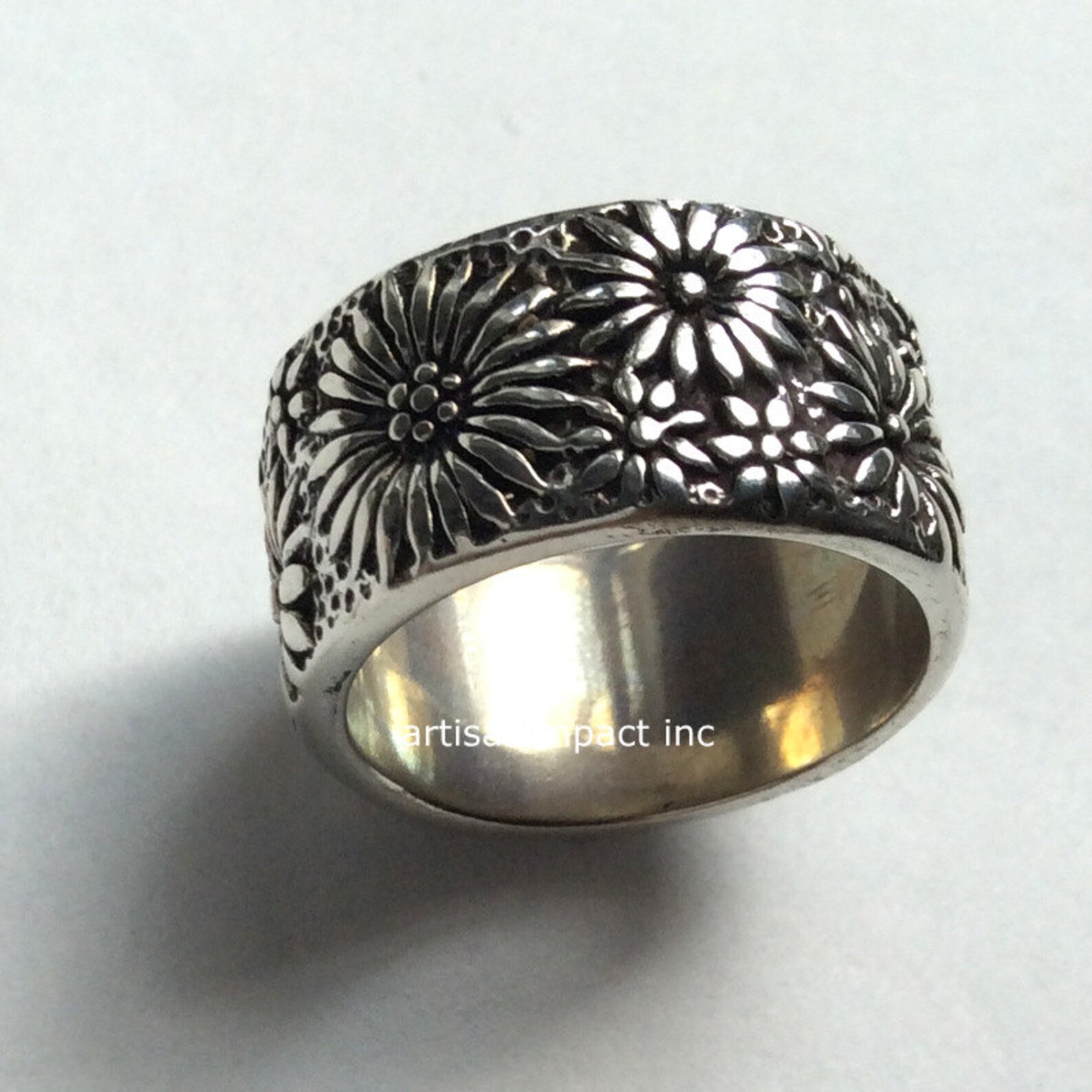 Silver Band Wide Silver Band Unisex Band Floral Silver Etsy