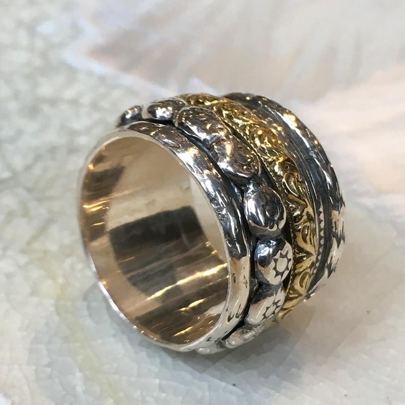 Meditation ring, Sterling silver gold band, spinner ring, floral band, Stacking ring, wedding band, thumb ring, wide band - Reunion R2380