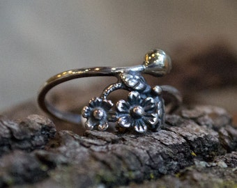 Silver wedding ring, flower ring, midi ring, branch ring, hippie ring, gypsy ring, boho ring, twig ring, nature ring - Two R2126