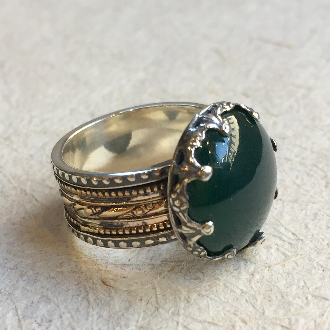 Silver Gold Ring Forest Green Agate Ring Gypsy Ring Spinner - Etsy Canada