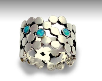 Opal ring, gemstones ring, Silver dots ring, birthstone jewelry,  wide band, wide silver ring, ring with stones - Yet to discover R1529