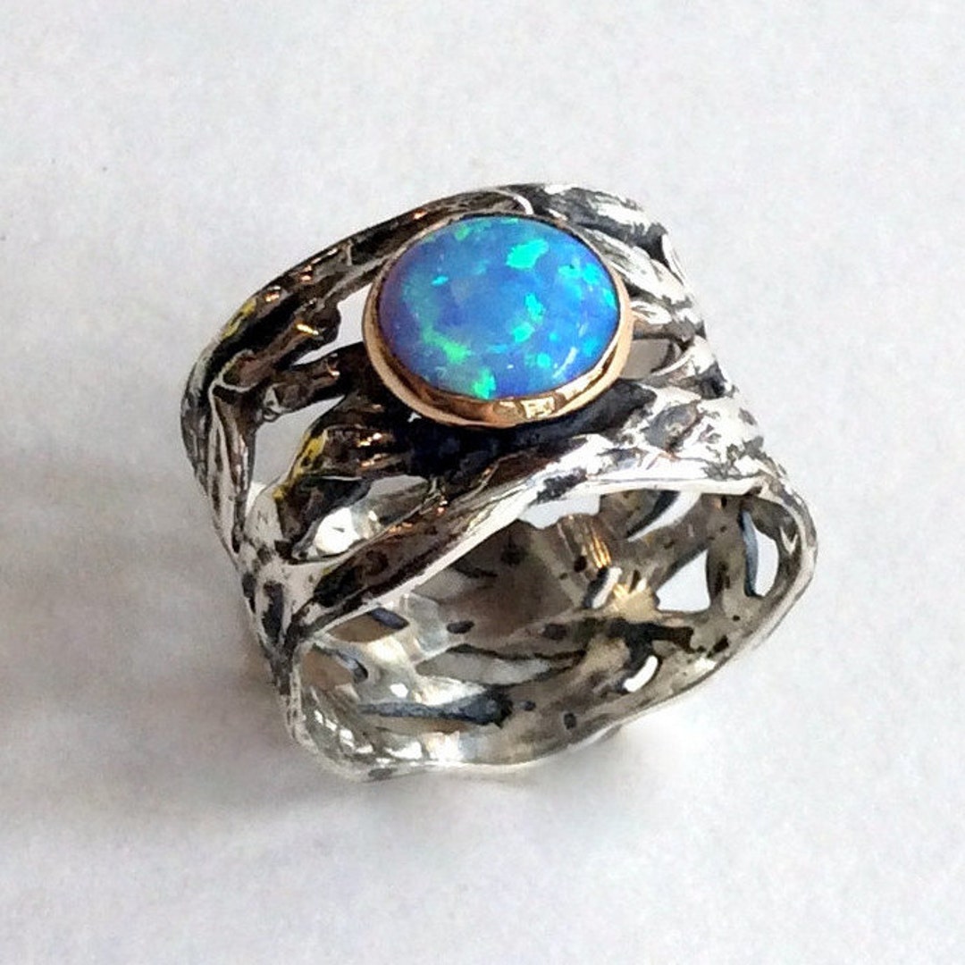 Sterling Silver Gold Ring, Blue Opal Ring, Gemstone Ring, Cocktail Ring ...