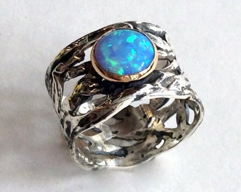 Sterling silver gold ring, Blue opal ring, gemstone ring, cocktail ring, two tone ring, boho ring, wide silver band - That other place R2136