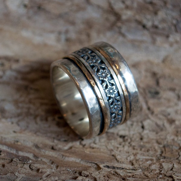 Wide Wedding band, Silver gold band, spinner ring, meditation ring, bohemian ring,gypsy ring, boho chic ring, unique - Calming effect R2071