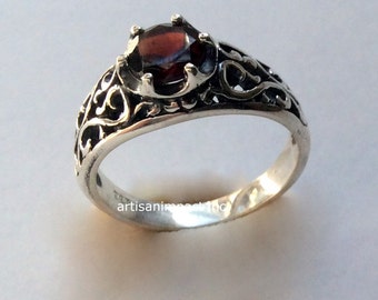 January birthstone ring, engagement ring, Red garnet ring, Sterling silver ring, filigree ring, gemstone ring -  You're beautiful R2115