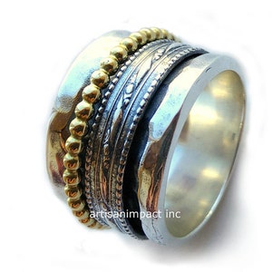 Sterling silver ring, silver gold band, wedding band, wide oxidized ring, mixed metal ring, wide band, spinners ring - Majestic life R2075