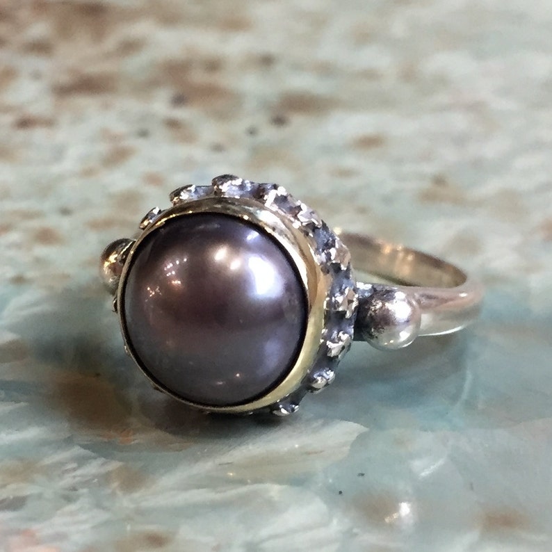 Black pearl ring, Engagement ring, simple ring, crown ring, Two tones ring, silver gold ring, organic ring, gypsy ring Calm spirit R2429 image 1