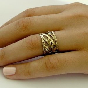 Diamonds gold ring, Solid Yellow Gold Band, Wide Gold ring, Unique Engagement Ring, wedding band, 14k gold - The love of your life, RG1345X