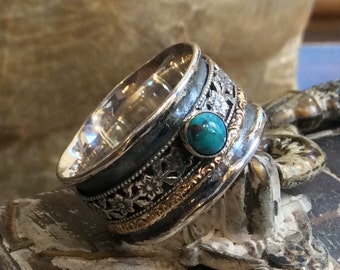 Gold spinner ring, Turquoise stone ring, flower band, silver ring, boho ring, Silver gold wedding band, stacking bands - Mother Earth R2314