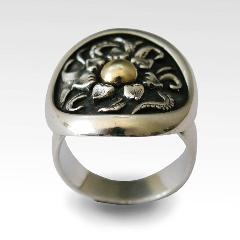 Flower ring, Cocktail ring, Sterling silver ring, statement ring, silver gold ring, two tone ring, woodland ring Sunflower 2 R0149 image 1