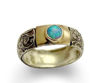 Sterling silver gold ring, blue opal ring, October birthstone Ring, two toned band, filigree ring, two tone ring - Blue spirit. R1627