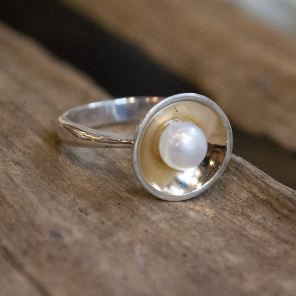 Argent, bague en or rose, bague brillant, anneau de bol, simple bague perle, anneau de birthstone de juin, deux ring tone, bague de fiançailles - sérénité R1569G