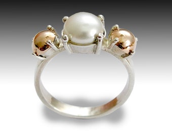 Pearl ring, Silver rose gold ring, freshwater pearl ring, two tones ring, delicate ring, engagement ring - Dreamer R1541