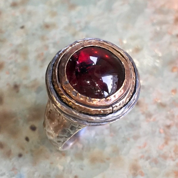 Garnet ring, silver gold ring, gemstone ring, stone ring, two tone ring, statement ring, statement cocktail ring - It's got to be  R2432