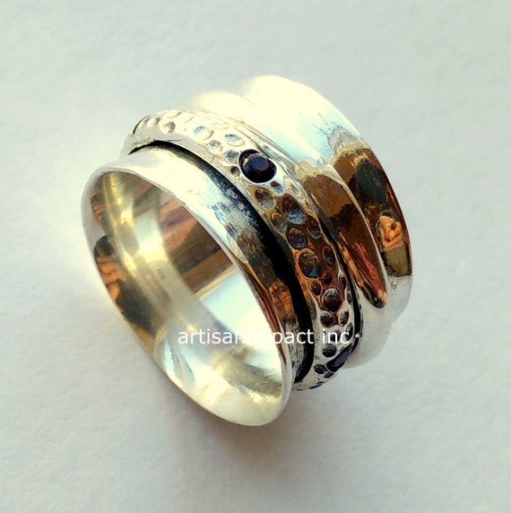 wide silver band Silver wedding band two toned ring meditation band spinners ring One special day R2079 wide ring Garnets ring
