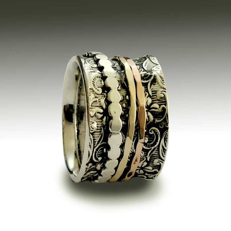 Stacking Ring Sterling Silver Band Shine R1209H Woodland Band Silver Gold Band Stacking Spinners Ring bohemian jewelry TwoTone Ring
