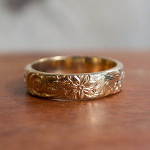 Yellow gold ring, unisex wedding band, gold filled band, boho ring, bohemian ring, matching bands set, floral band - With this ring 2 R2277