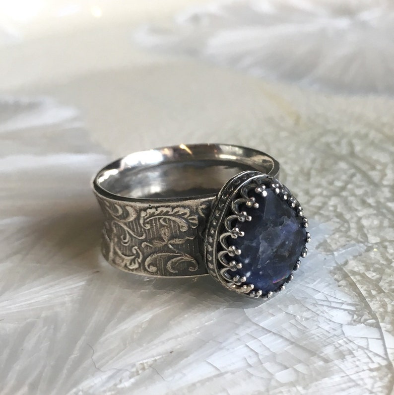 Iolite Gemstone Ring Filigree Wide Silver Ring Blue Stone | Etsy