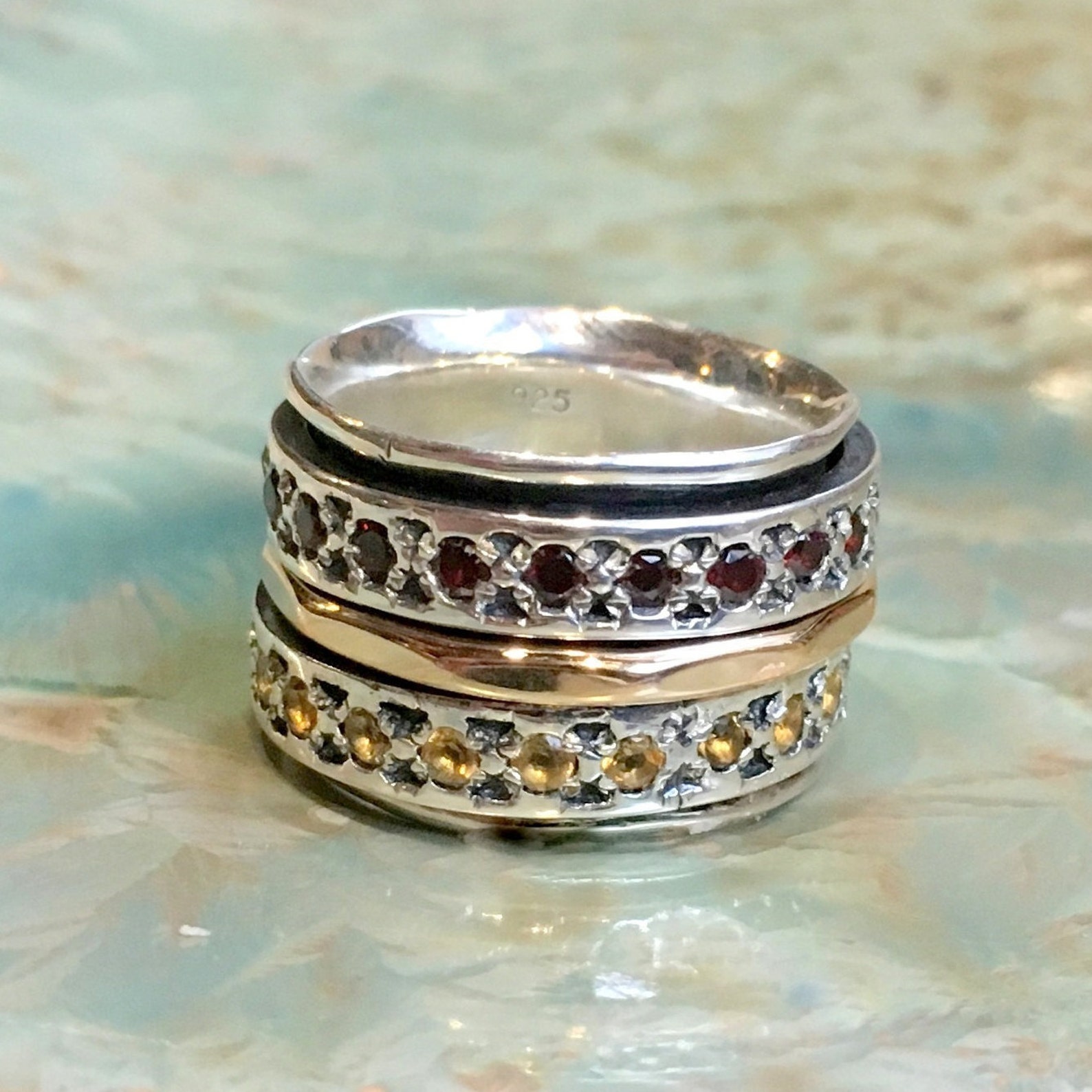 Mothers Ring Stone Spinners Ring Wide Silver Ring Family Etsy