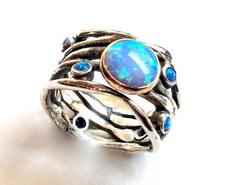 Opals ring, unique engagement ring, organic silver ring, gemstones ring, silver band, wide band, bohemian ring, hippie - Diamond sky R2151