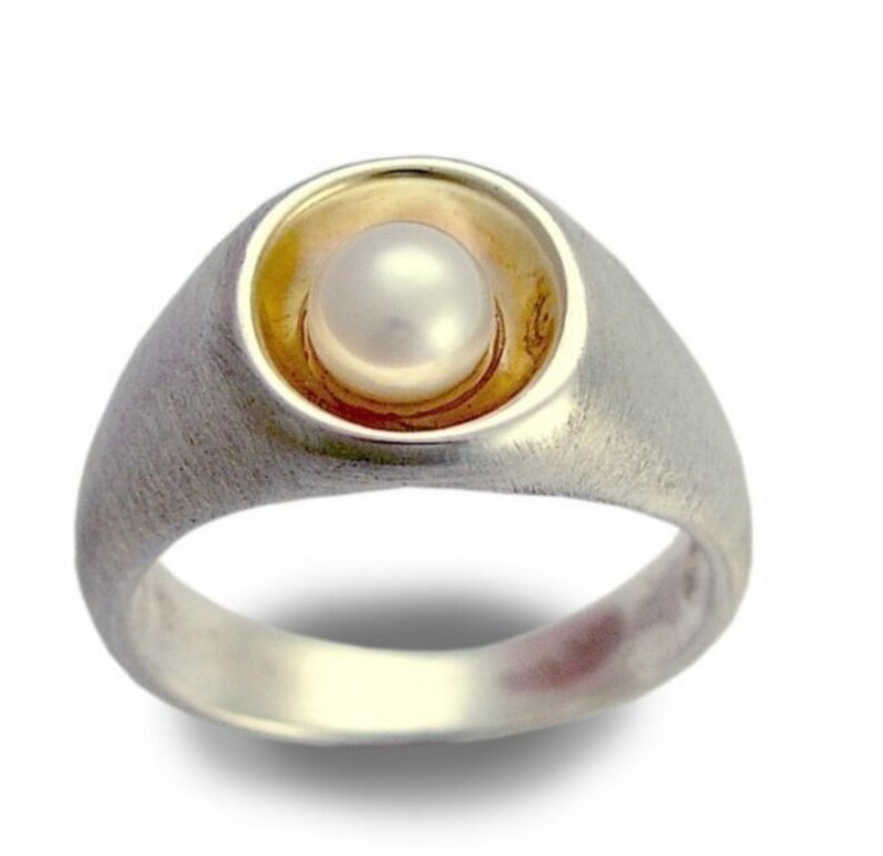 Pearl ring, Sterling silver ring, silver yellow gold ring, engagement ring, brushed silver ring, alternative ring True love R1499G image 3