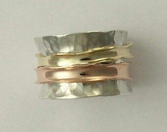 Fidget Wedding band, Spinners ring, Sterling silver ring, yellow and rose gold band, meditation band, two tone - Wonderland forever 2 R1026B