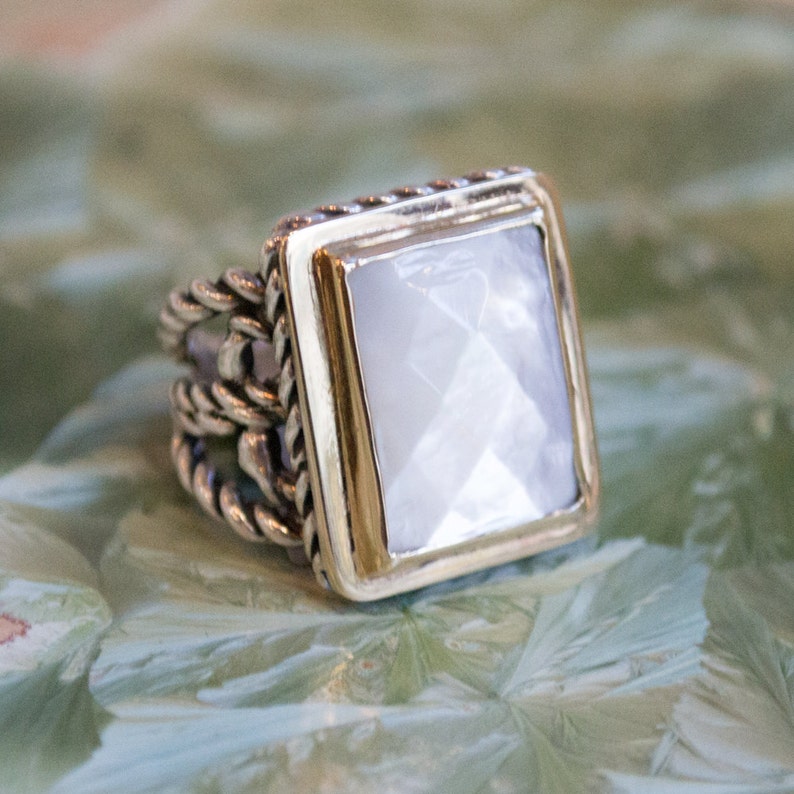 Bohemian ring, Silver gold ring, green quartz ring, twotone ring, statement jewelry, gypsy ring, rectangle boho ring Next to you R1553-1 image 2
