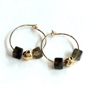 Labradorite earrings, Green earrings, hoop earrings, gold filled earrings, Gemstone earrings, small hoop earrings - The two of us E8007