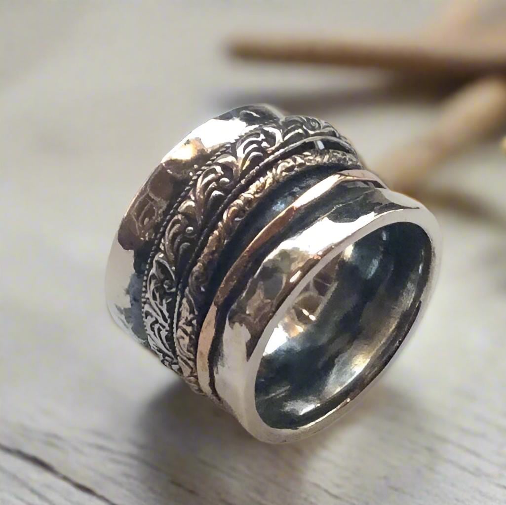 Sterling Silver Ring, Twotone Ring, Meditation Ring, Unisex Band
