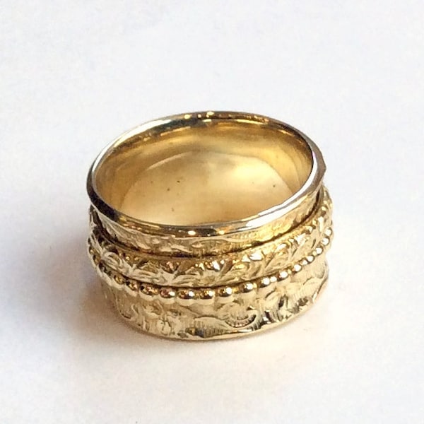 Bague spinner, bague de méditation, large bande en filigrane, fanfare dorée - Oiseau du matin RK1209E