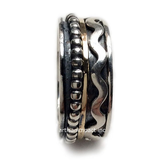 Spinner ring, two toned ring, wave ring, wedding band, gold silver ring, meditation band, unisex band, matching wedding bands - Waves R2081