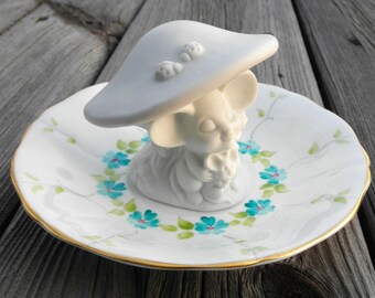 Mushroom Ring Dish, White Mice Figurine, Vintage Floral Jewelry Plate